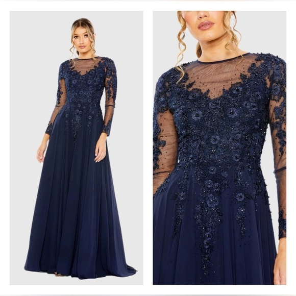 MAC DUGGAL 20478 NWT High Neck Mesh Long Sleeve Embellished A Line Gown - Picture 1 of 7